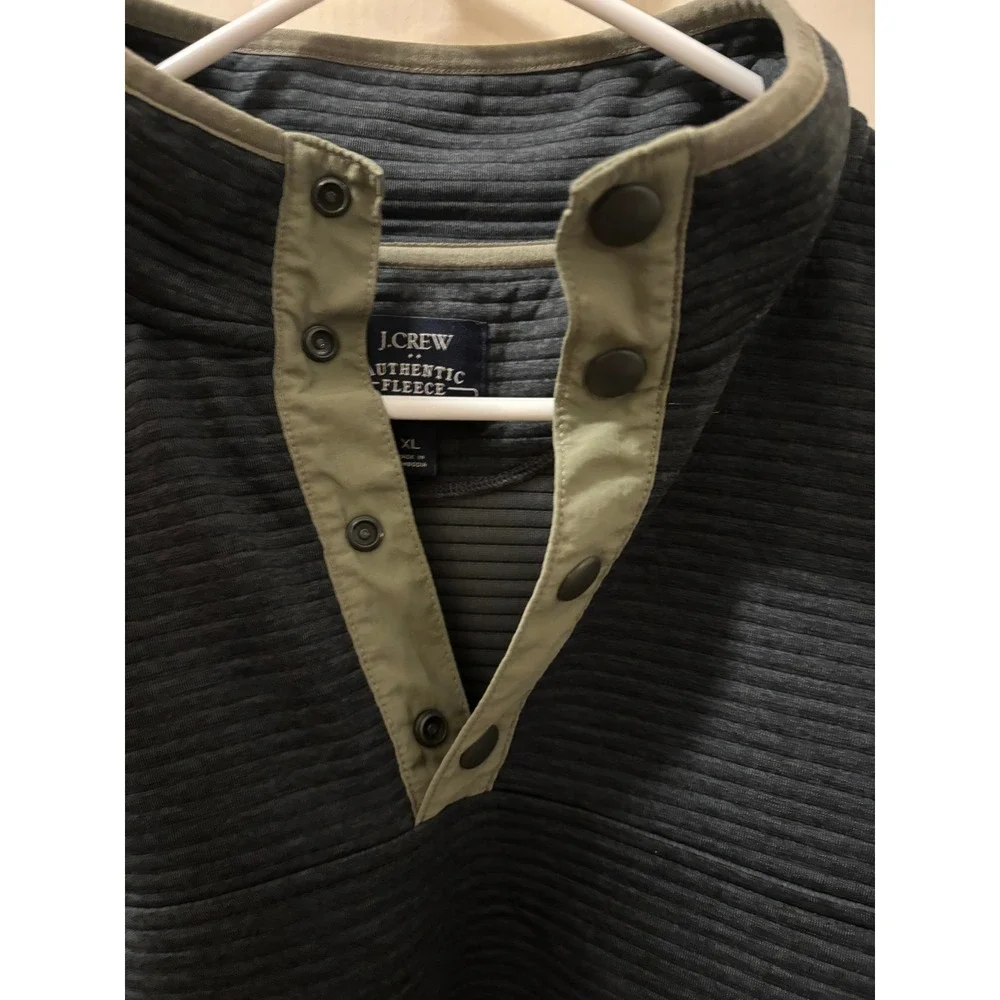 J.Crew Authentic Fleece Mens XL Ribbed Snap Neck Pullover Charcoal Gray Olive